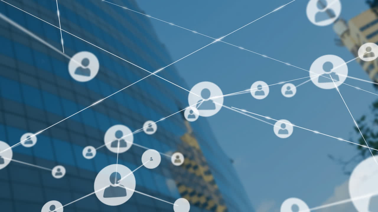 Network of user icons and connections animation over modern glass building