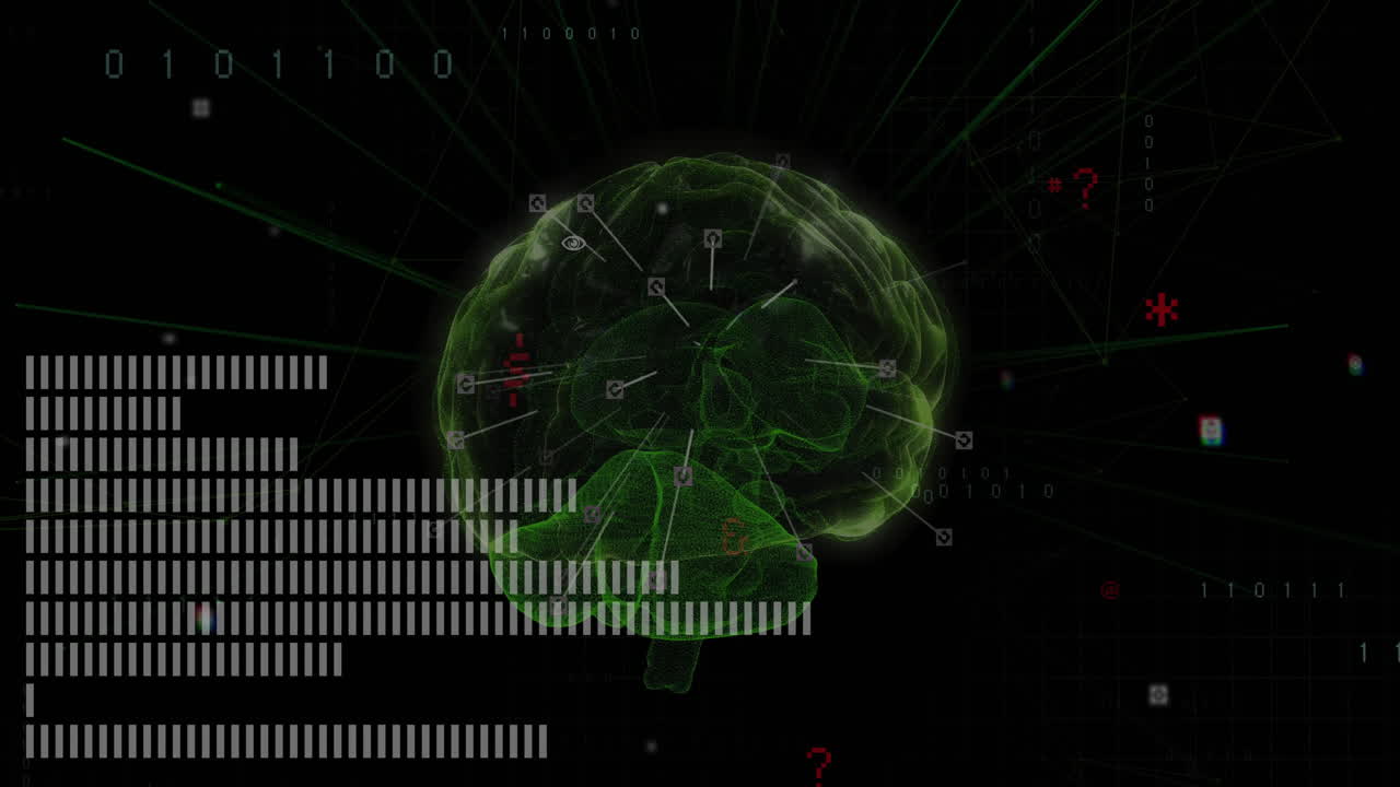 Brain scan and data analysis animation over digital interface with binary code