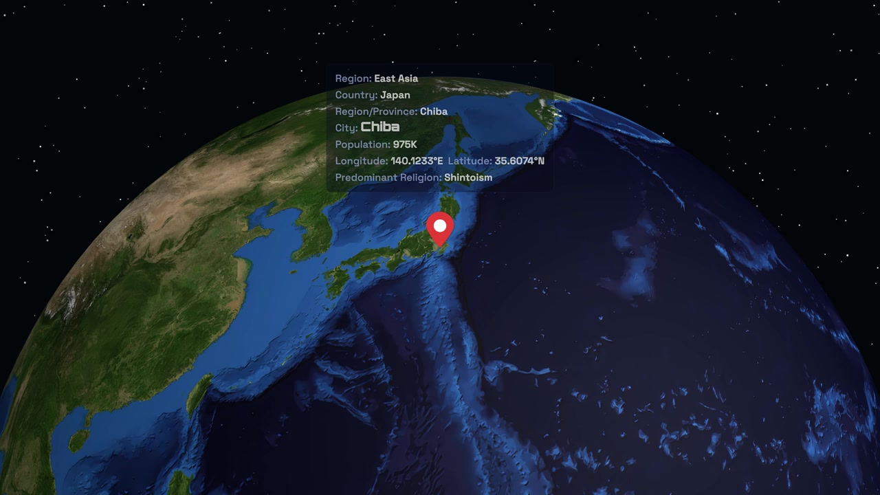Digital Globe Zooming into Chiba Japan with Geographic Data Overlay