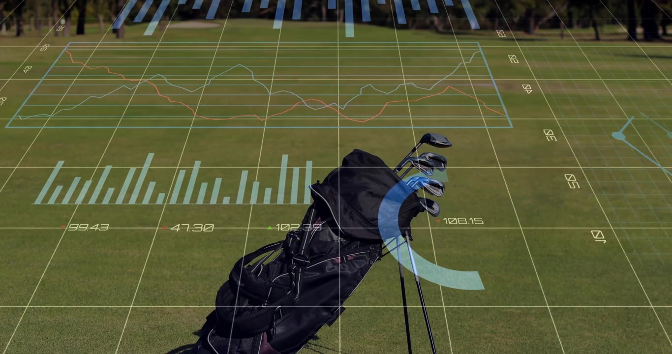 Dati AR che appaiono sul green, una sacca da golf che emerge, con un movimento di carrello in avanti, e grafici che si animano per l'analisi.