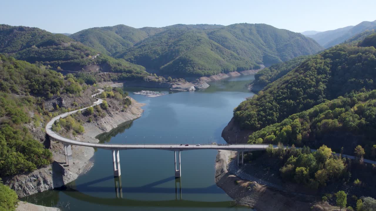 Aerial Dolly Shot of Nestos River Bridge in Drama Mountains Greece, Road to Elatia Forest (Karadere), Panoramic View