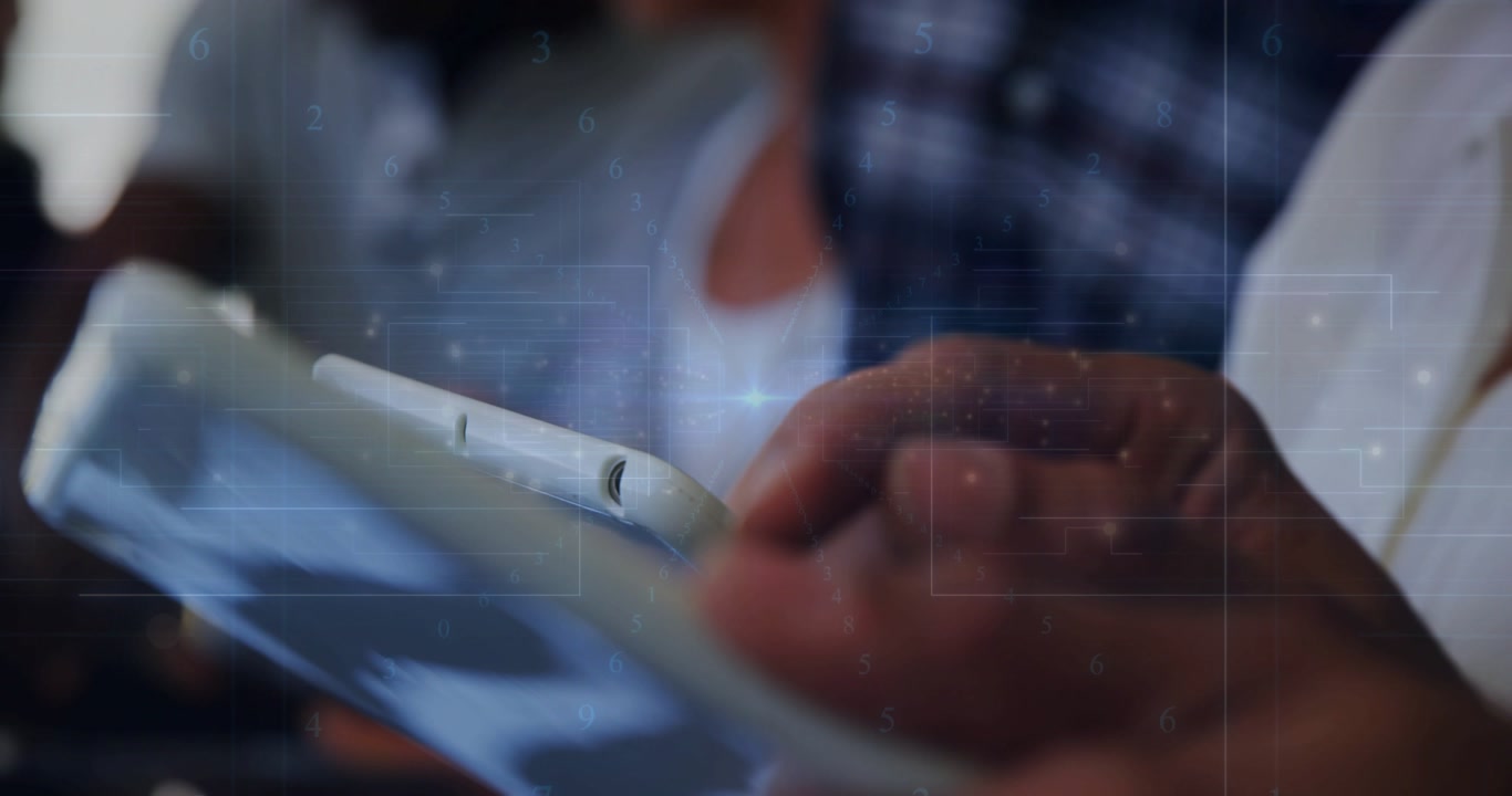First tap initiating interaction, hands holding white tablet tapping and swiping, reviewing content