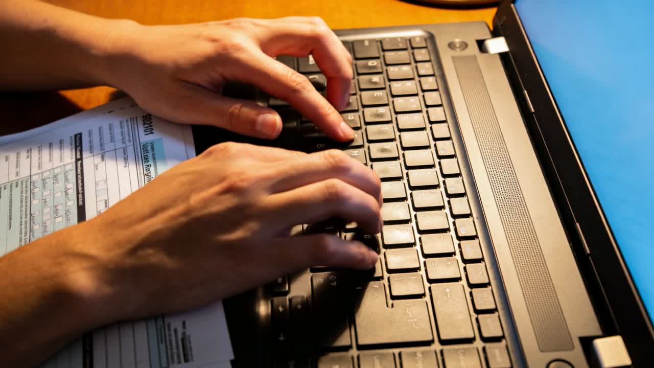 Typing hands pressing laptop keyboard from home-row at desk for filling paper form under left hand