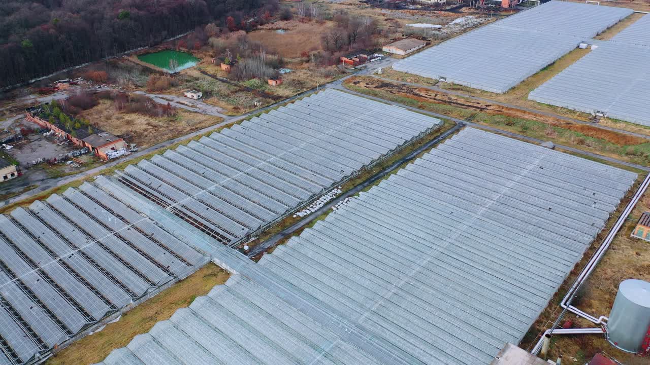 Drone flies above the big glass industrial greenhouses. Indoor farming, heat recovery and organic plant protection concept
