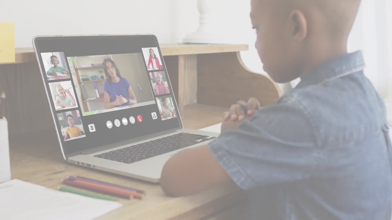Child watching laptop in remote education, lock-icon HUD sliding from right, expanding for privacy
