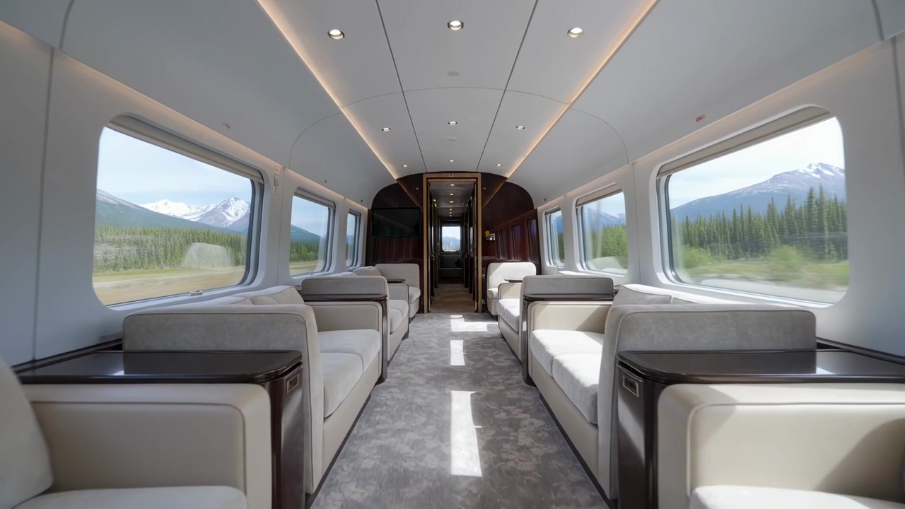 Tren hareket ederken lüks vagon koridorunda kayarak aşağı inen kamera, krem rengi kanepeler ve geniş pencereler gösteriyor.