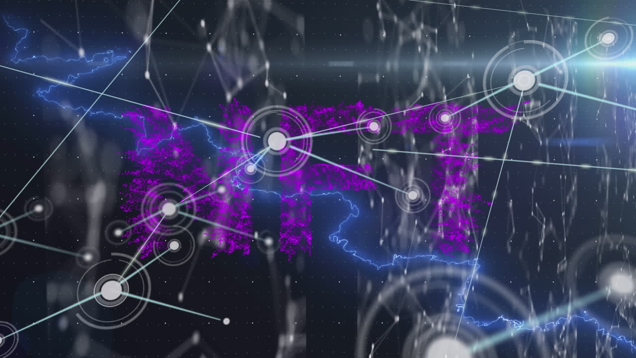 검은색 배경에 연결 네트워크와 빛 트레일과 함께 nft 텍스트의 애니메이션