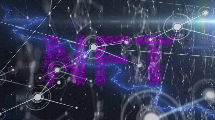 Animation of nft text with network of connections and light trails on black background