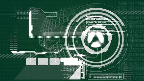 round scanner and digital interface with data processing against spinning globe on green background