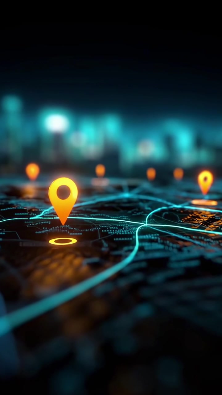 Abstract Digital Map with Orange Location Pins and Blue Network Lines