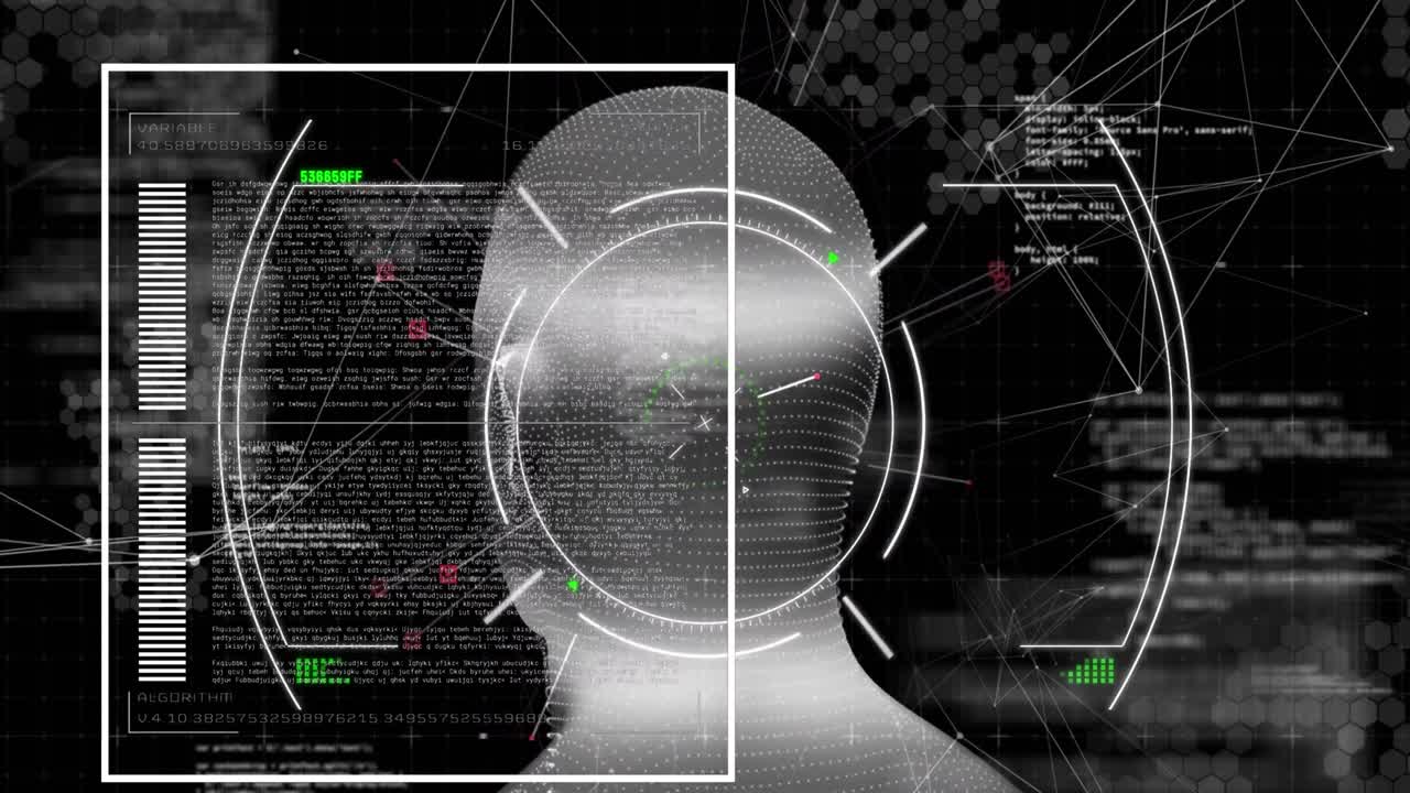 animación de círculos, representación humana, puntos conectados, lenguaje informático en fondo negro