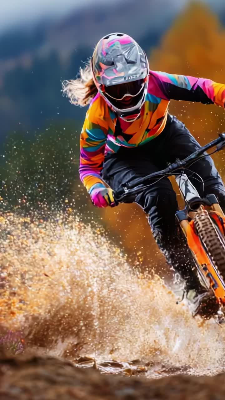 Dynamic Mountain Biker Splashing Through Muddy Terrain in Vibrant Gear Capturing the Thrill of Off-Road Cycling Adventure Amidst Autumn Scenery