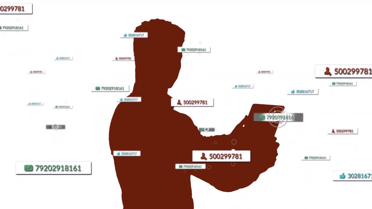 Composition of social media text, icons and data over man's silhouette using tablet