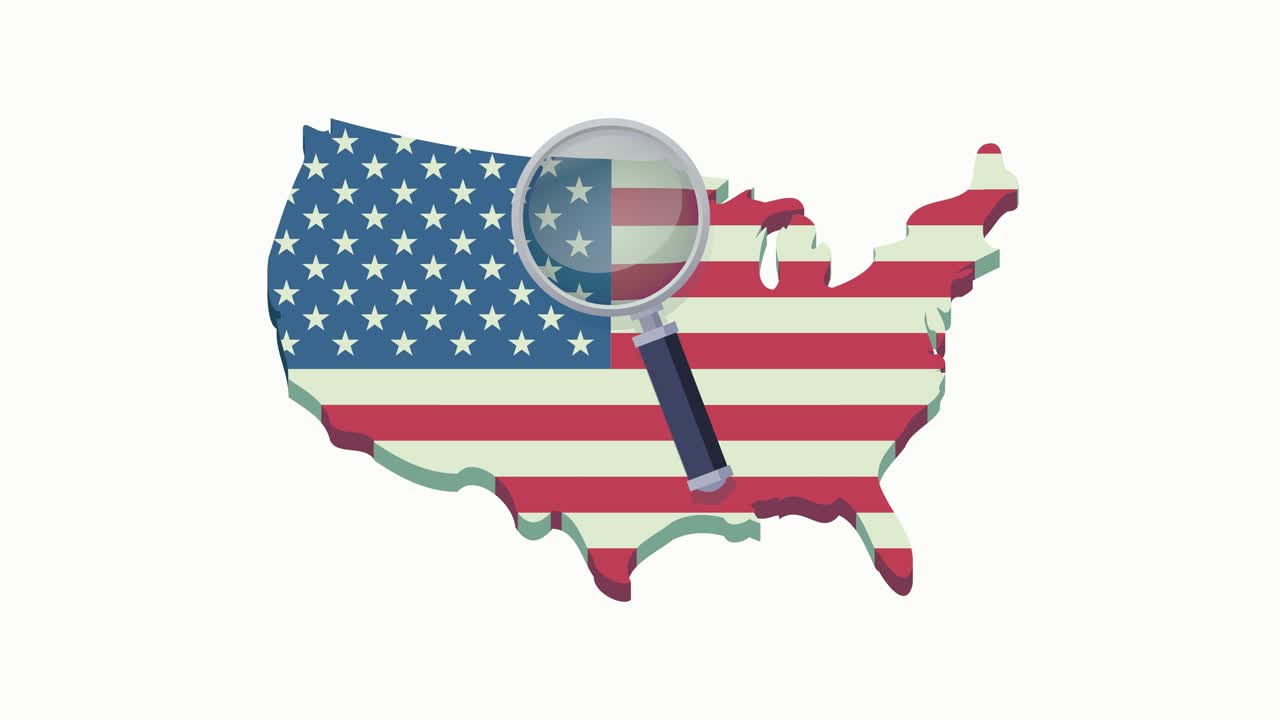 백색 배경에 발이 있는 미국 지도의 확대 유리창으로 루프 검색 (평평한 디자인)