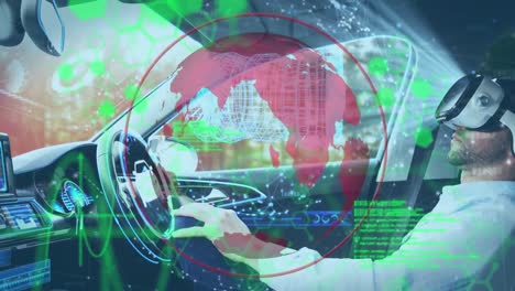 el giro del globo y el procesamiento de datos contra el hombre que usa auriculares sentado en un coche autónomo
