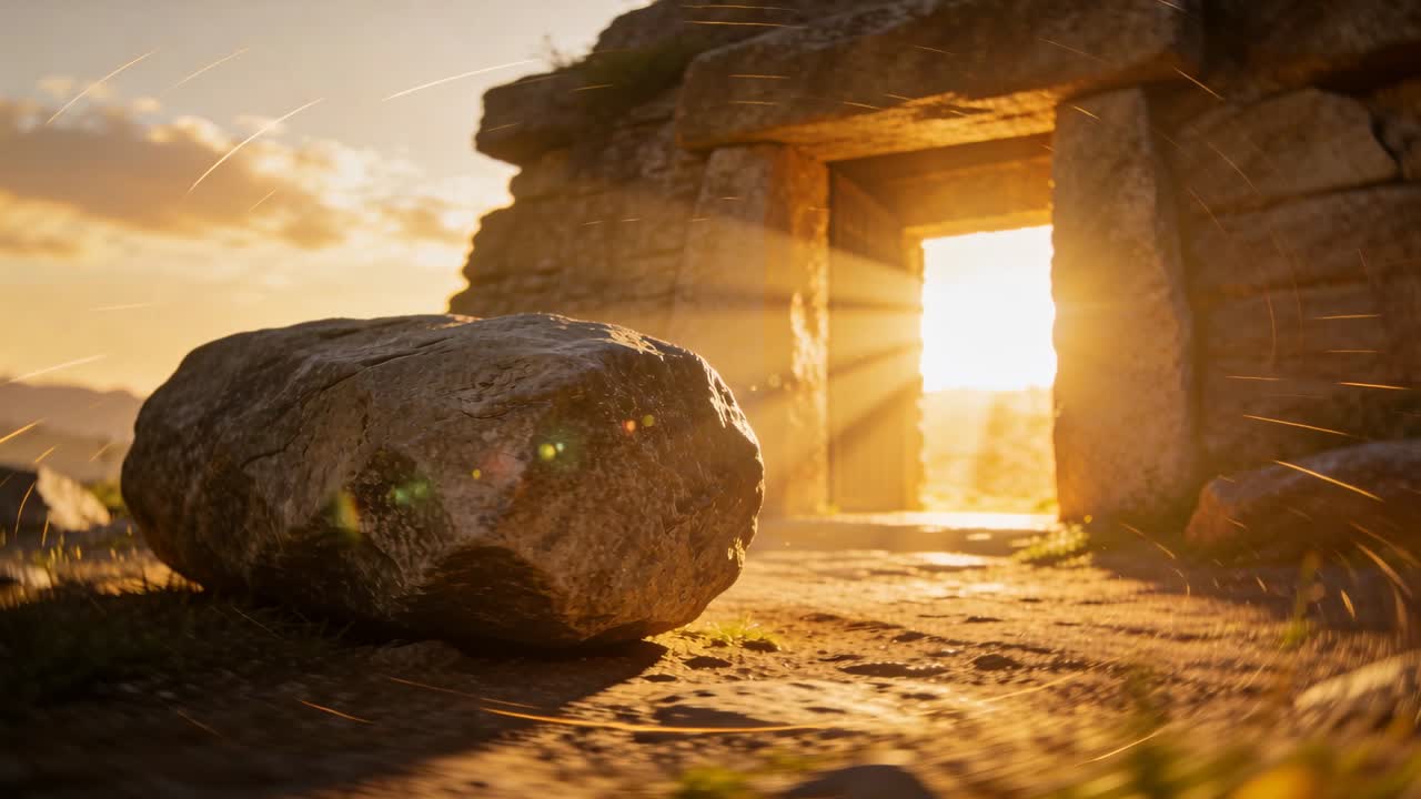 Il sole si allinea con l'ingresso mentre la fotocamera si muove, un grande masso arrotondato cattura i bagliori del sole per le riprese.