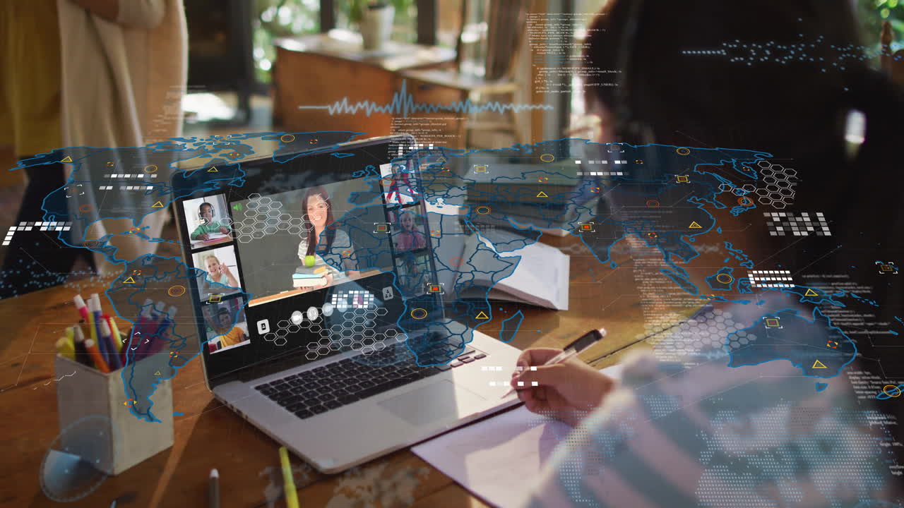 Animation of person in virtual meeting with global network connections overlay