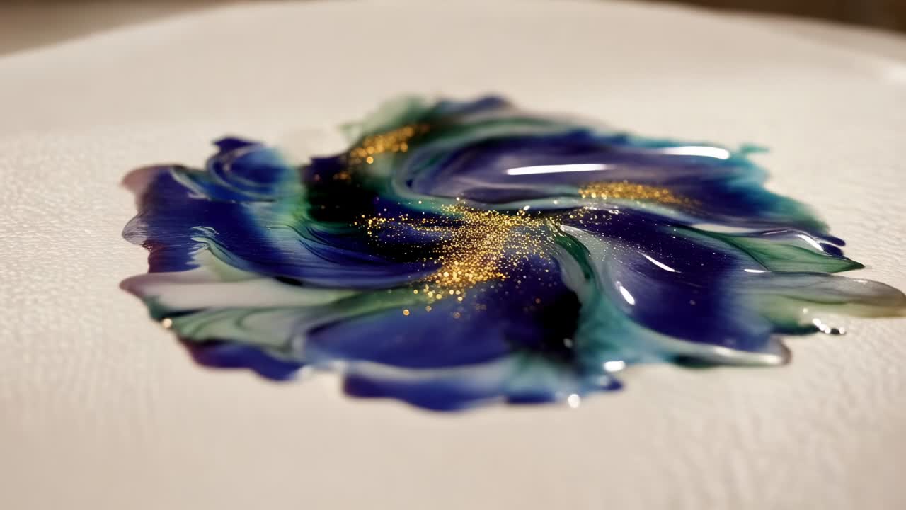 Pigmenti ad alto flusso che si espandono da una colata su un pannello rotondo bianco con glitter dorati, resina trasparente