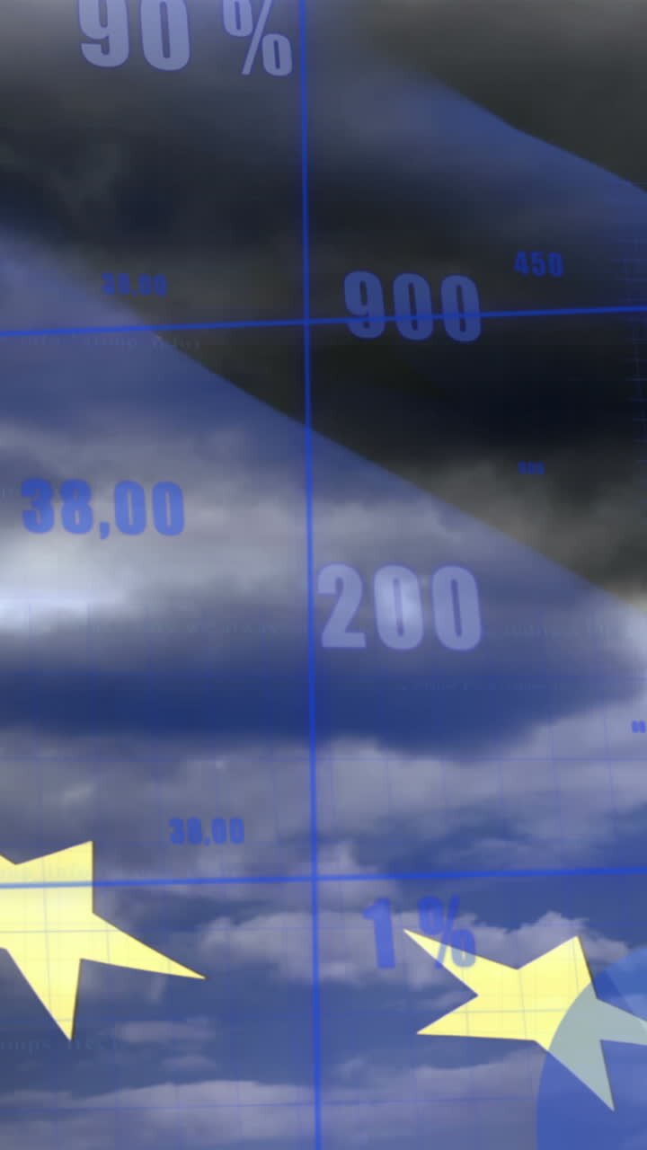 Animation of eu flag over data processing and clouds