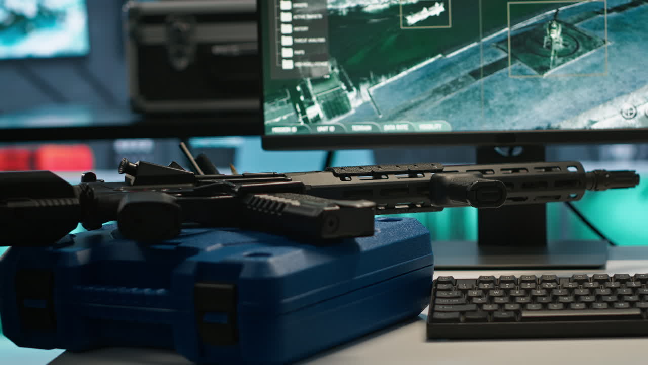 테이블 위의 무기는 빈 컨트롤 센터 하우징 방어 시스템에 있습니다.