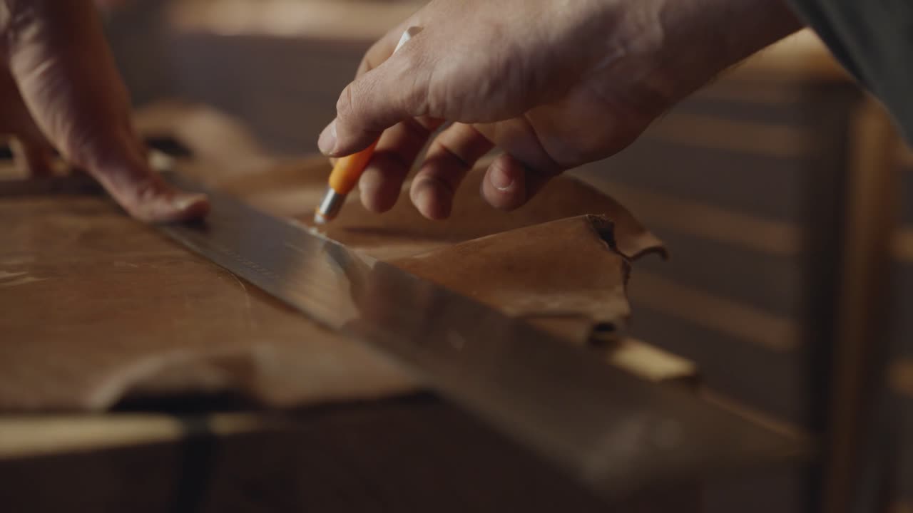 Close-up of an artisan carefully marking measurements on leather with a pencil and ruler in a workshop, showing precision, craftsmanship, and handmade design preparation