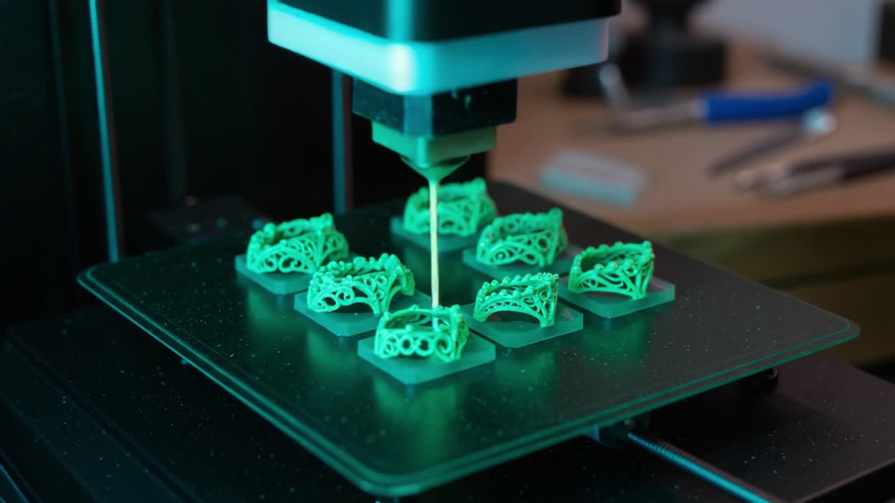 Innovative 3D Printing Process Showcasing Intricately Designed Jewelry Models in Progress under a High-Tech Printer with Vibrant Green Material