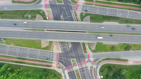 Aerial-view-over-a-highway-interchange-during-peak-hour-traffic