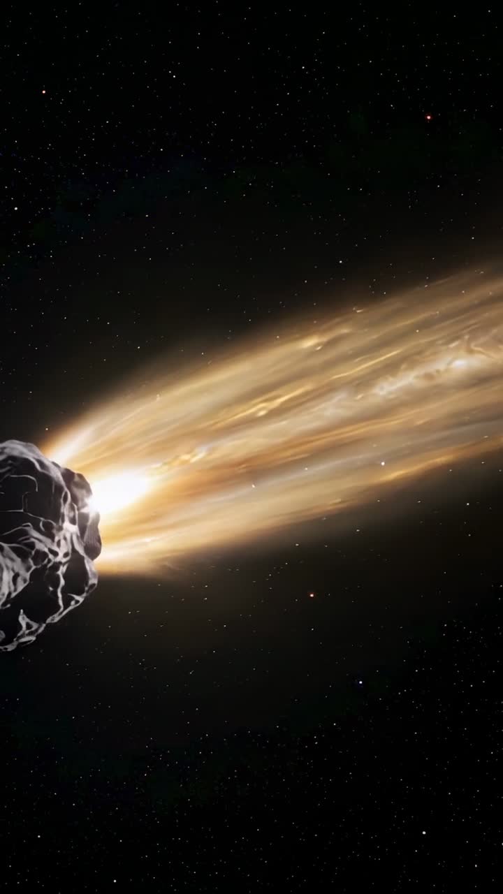 Vertical video: Golden dust and gas tail appearing causing comet revealing nucleus in star field