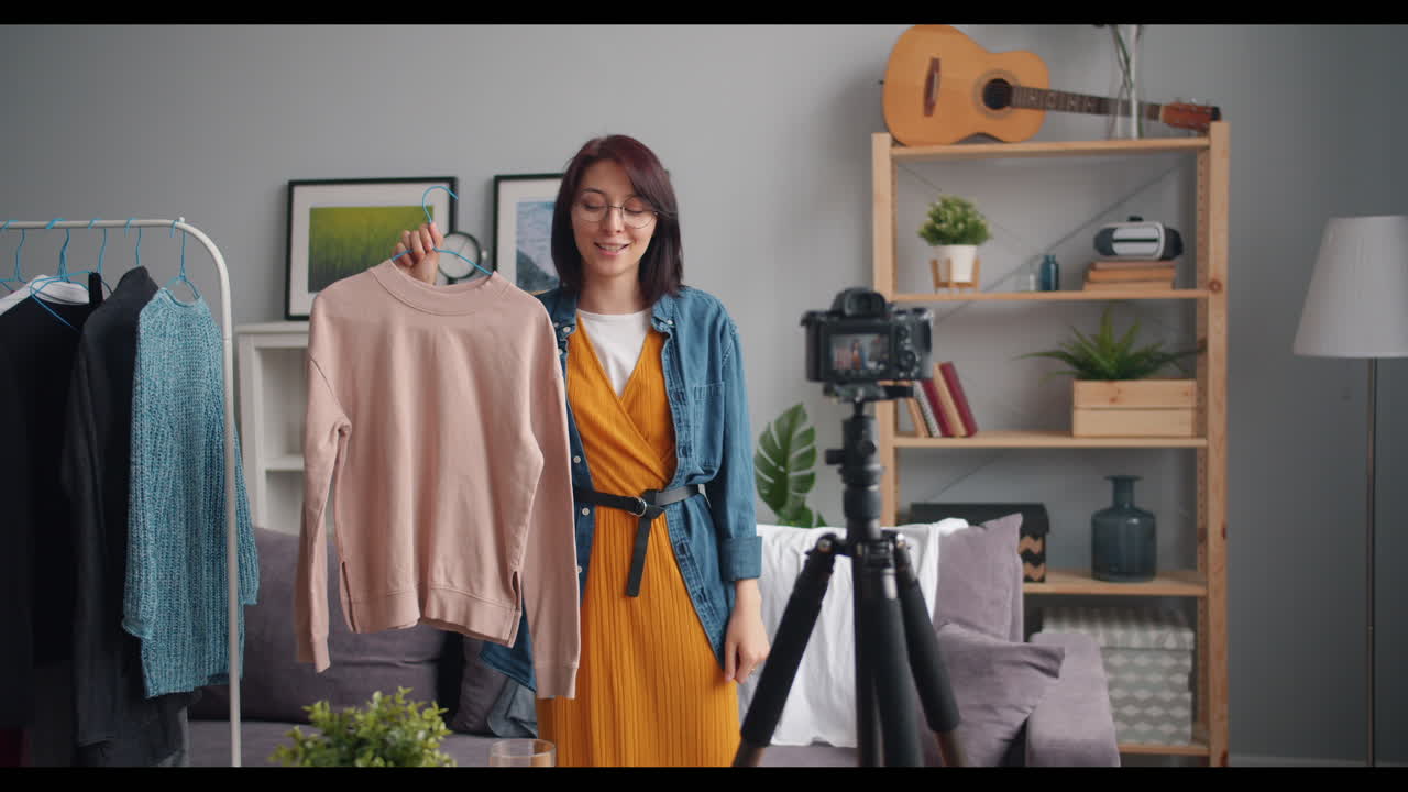 Donna fashion blogger che presenta vestiti nel suo salotto