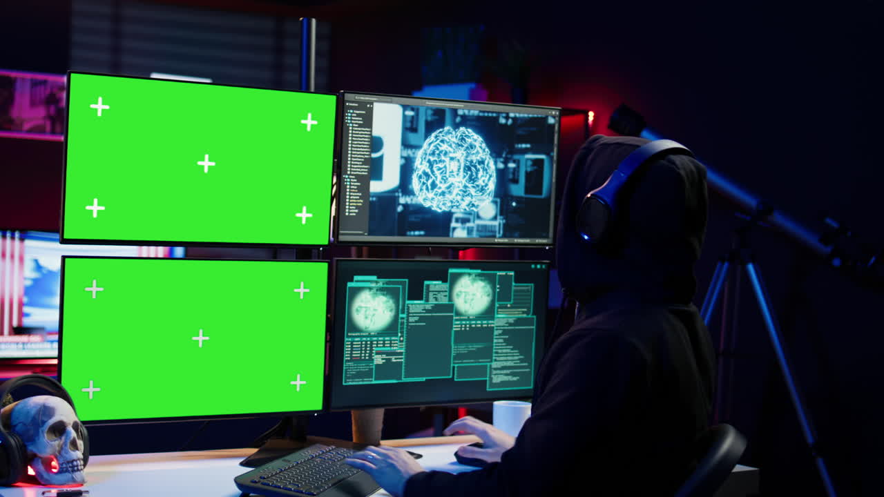 desarrollador deshonesto trabajando en una computadora de pantalla verde usando inteligencia artificial