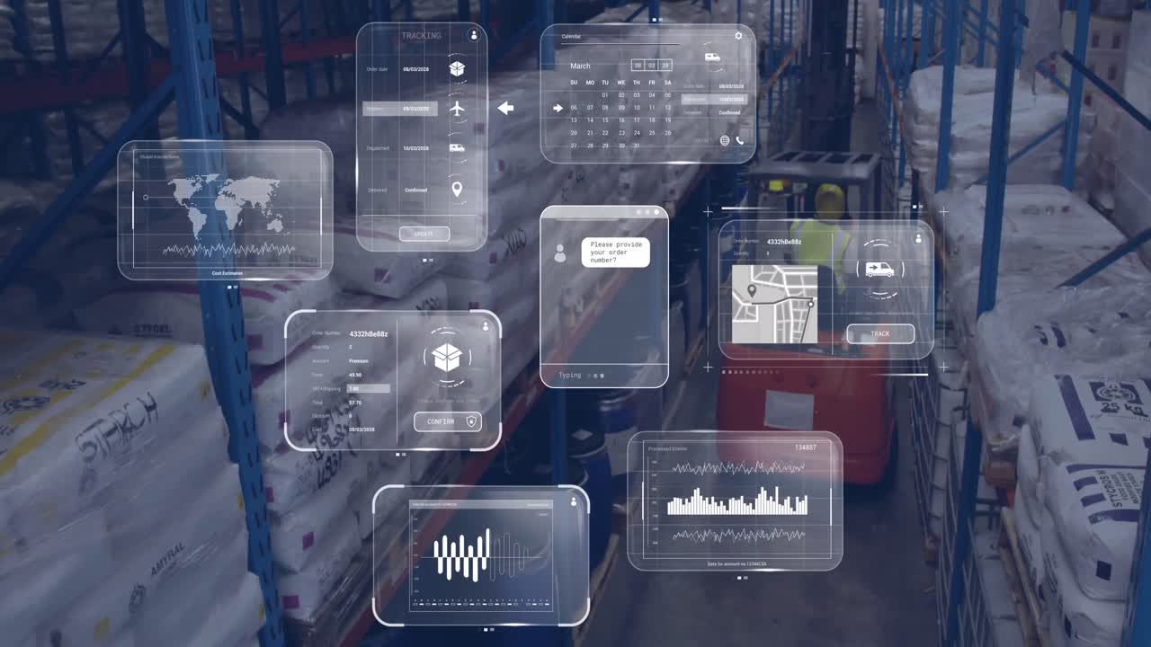 animación de datos en las pantallas sobre el hombre caucásico que trabaja en el almacén