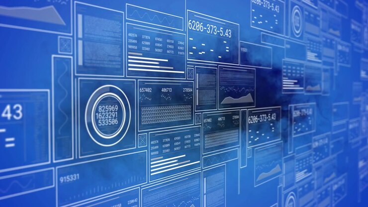 Animation of data processing and binary coding on blue background