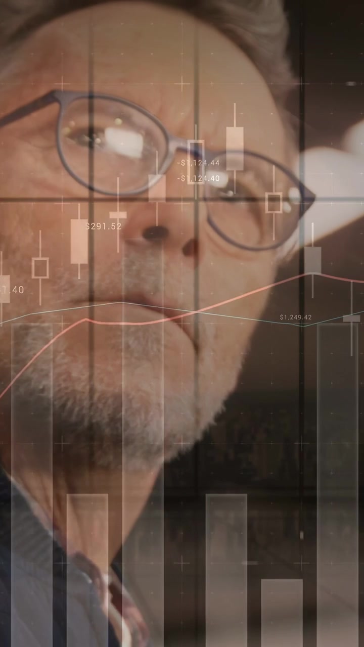 Vertical video: Analyst tapping stylus tablet, charts shifting, camera pulling back, studying data
