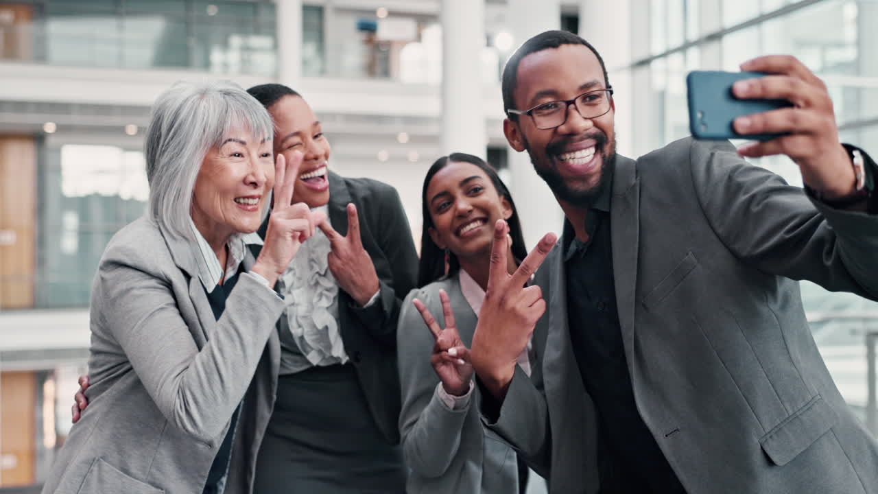 Business people, selfie and peace sign with team