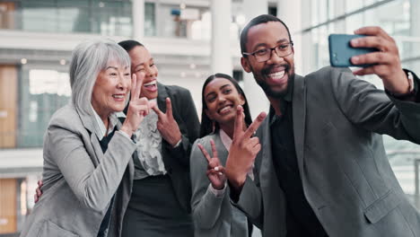 business people, selfie and peace sign with team