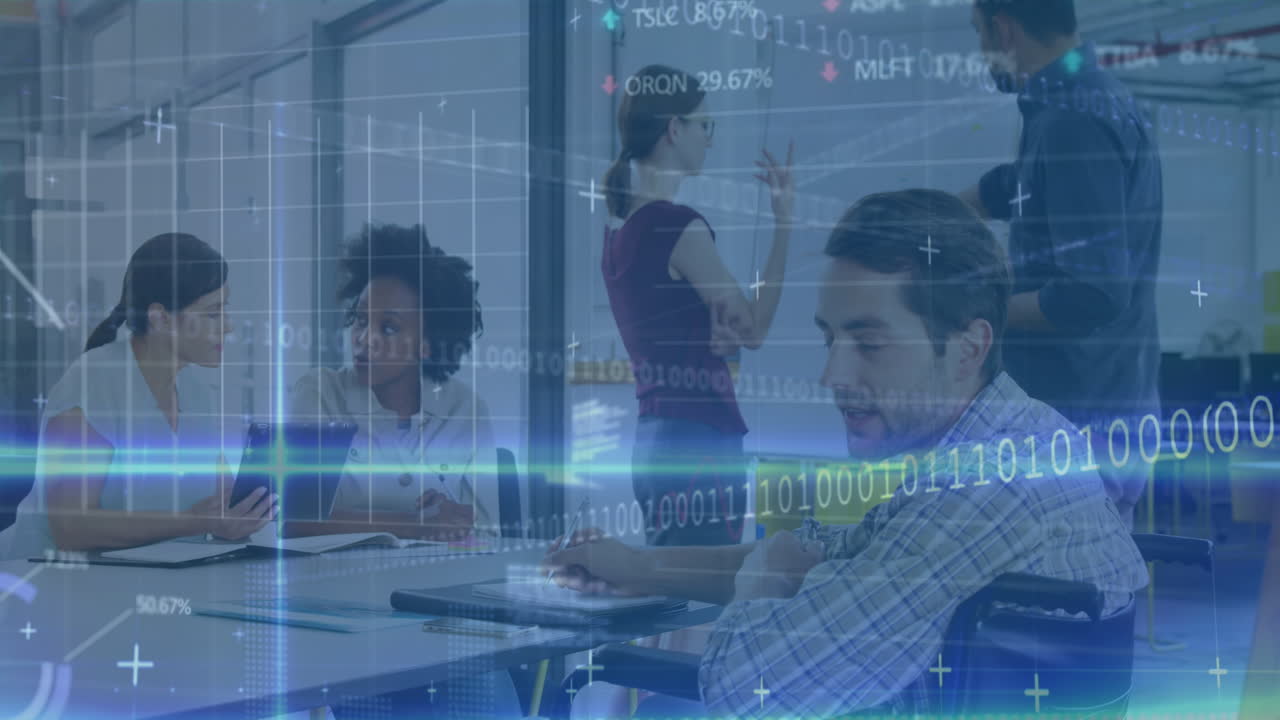 Animation of financial data processing over caucasian disable man on wheelchair working at office