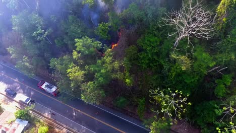 Aerial-view-of-a-firetruck-at-a-tropical-forest-fire-near-a-road-and-accommodation,-in-South-America---tilt-up,-drone-shot