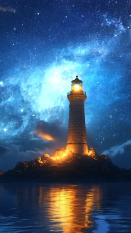 a lighthouse is lit up in the dark sky. the lighthouse is surrounded by water and clouds. the scene is peaceful and serene