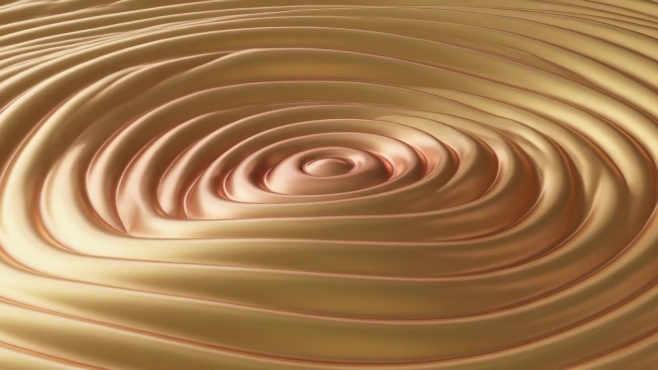 Rigonfiamento centrale oscillante che invia anelli concentrici verso l'esterno su un piano di rame metallico, con riflessi.