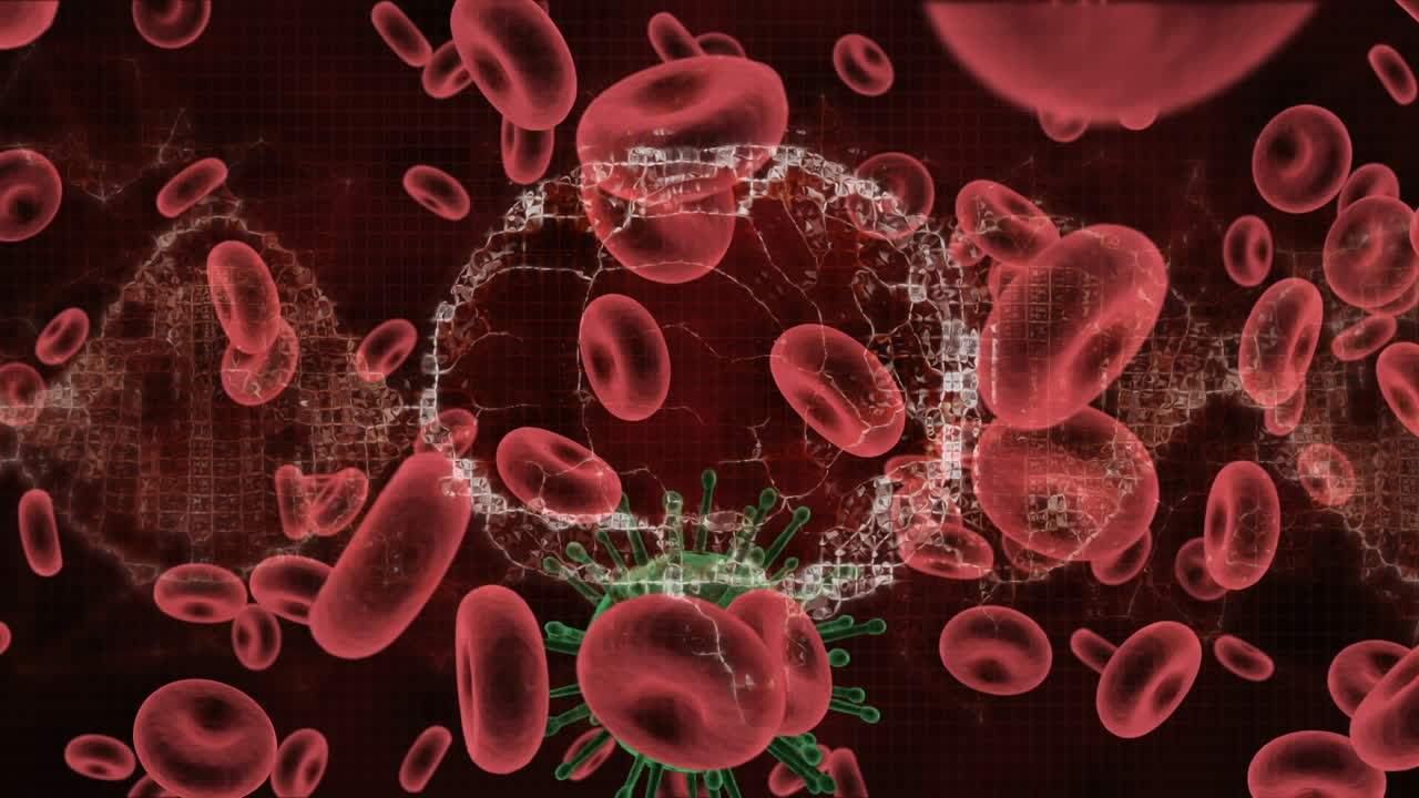 animación del cerebro humano y la cadena de adn girando sobre las células de covid-19 flotando