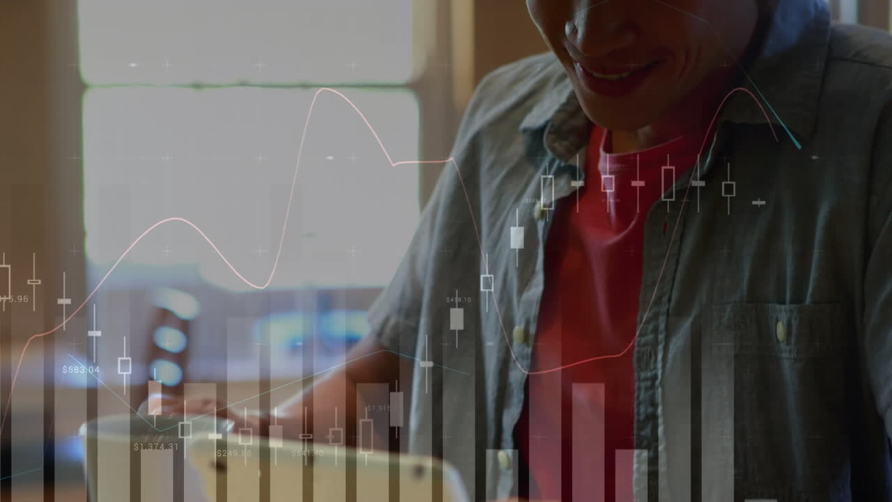 Animation of data processing over caucasian man using tablet