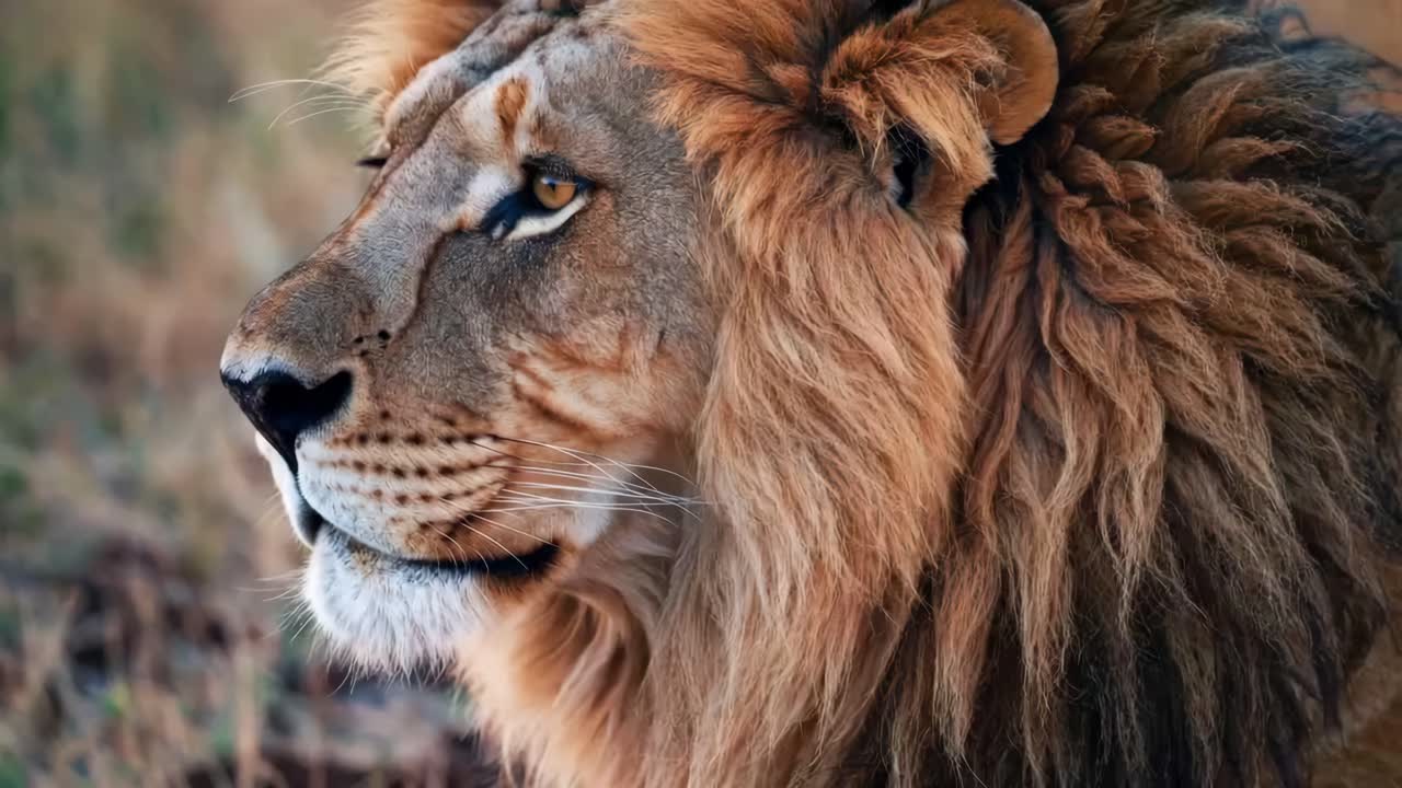 Detailní boční profil majestátního lva v přirozeném prostředí, zachycený v úrovni očí