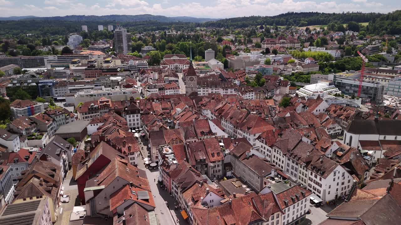 Aarau Switzerland Old town square clock tower aerial drone medieval city Europe Swiss