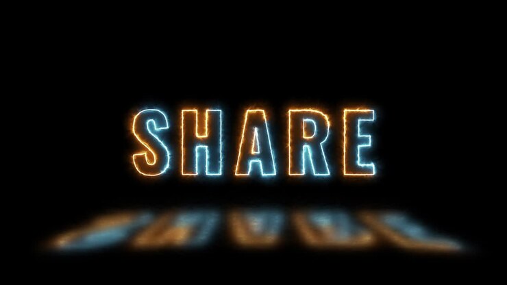 Thin line text 'SHARE' with green and red lights with reflections on a dark background. Simple seamless loop animated text. 4k typography motion graphic