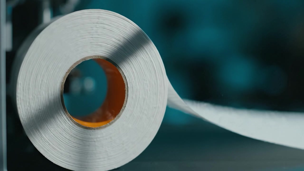Primi piani di un rotolo di carta bianca che si srotola in uno spazio di lavoro moderno con illuminazione soffusa ed elementi di sfondo astratti che mettono in risalto i dettagli della trama