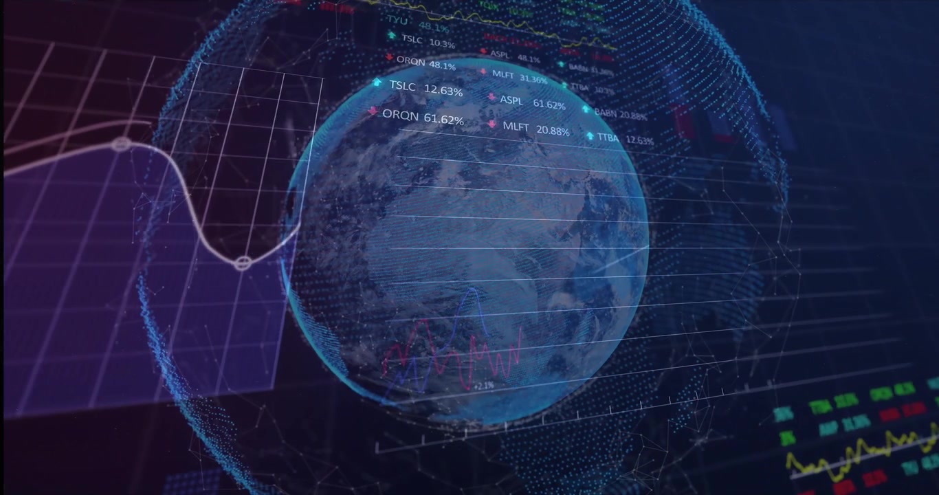 On load rotating globe enveloping wireframe, emerging grid updating percentages, animating graph