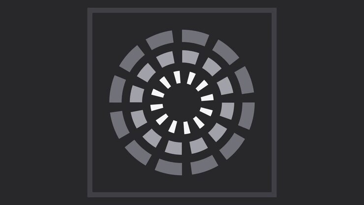 3D render of monolithic segmented circular pattern rotating on dark background creating abstract technology animation designed for visual effects, motion graphics and video overlays