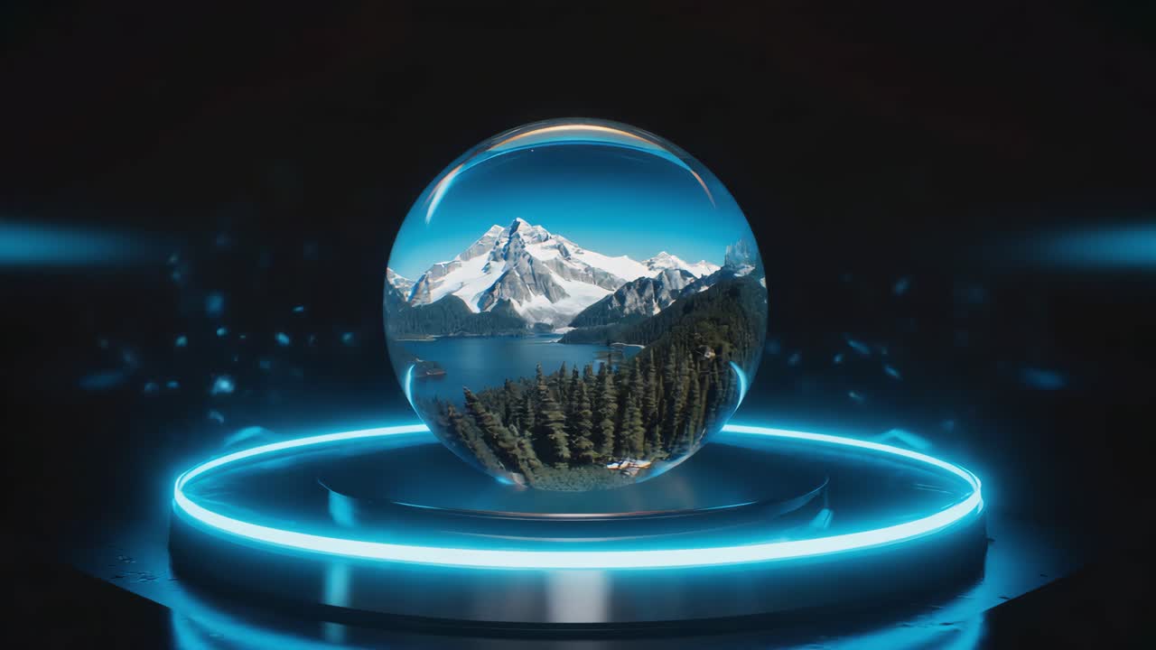 Landscape inside a glass sphere with neon light
