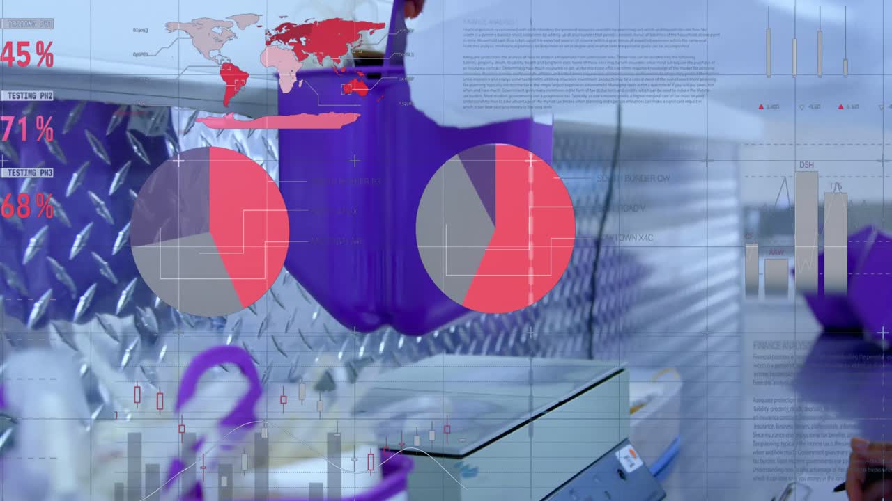 떠다니는 다이어그램, 원, 세계 지도 및 데이터 처리의 애니메이션 백인 의사