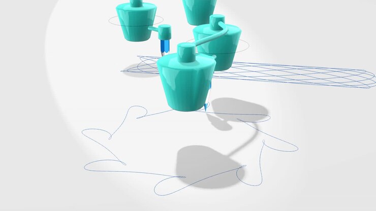 3D-animation, 2 robotter med blyantstegningssymbol på hvidt papir